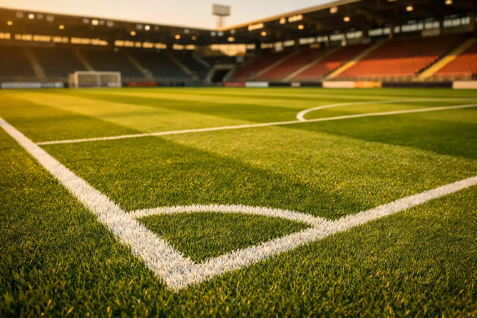 Bundesliga-Spielfeld mit gepflegtem Rasen im goldenen Abendlicht