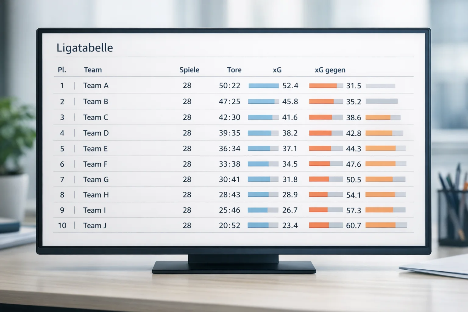 Bundesliga-Tabelle mit xG-Statistiken und Teamvergleich
