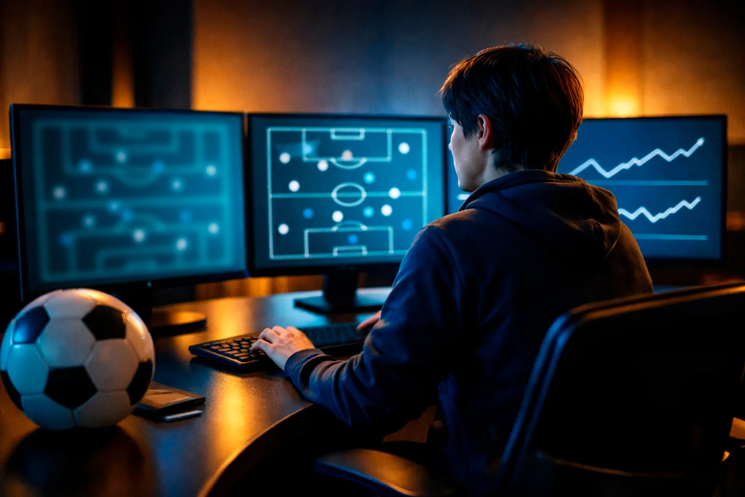Analyst studiert Fußballdaten auf mehreren Bildschirmen in einem modernen Analyseraum
