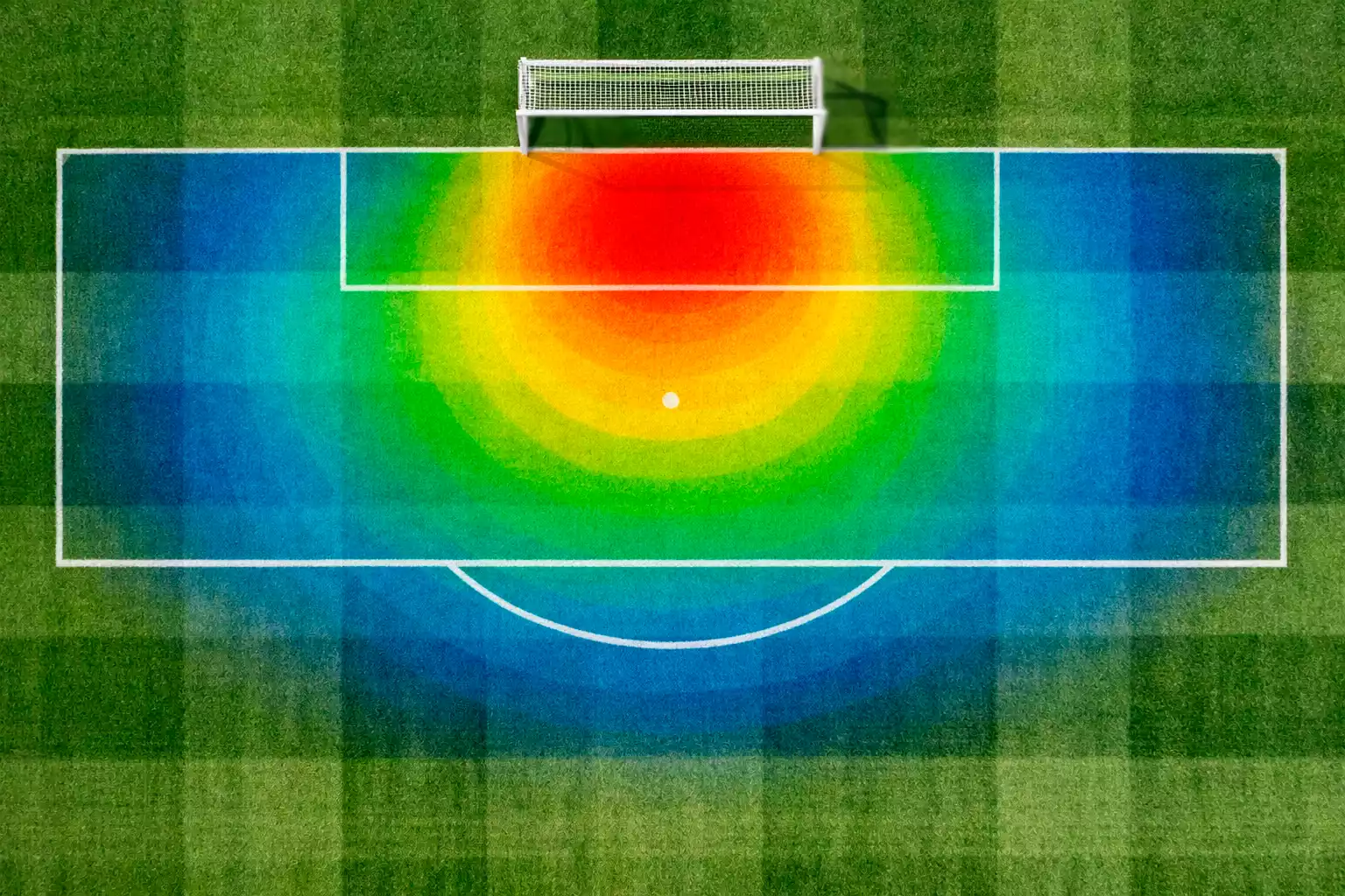 Fußballfeld von oben mit farblich markierten Zonen für unterschiedliche Torwahrscheinlichkeiten