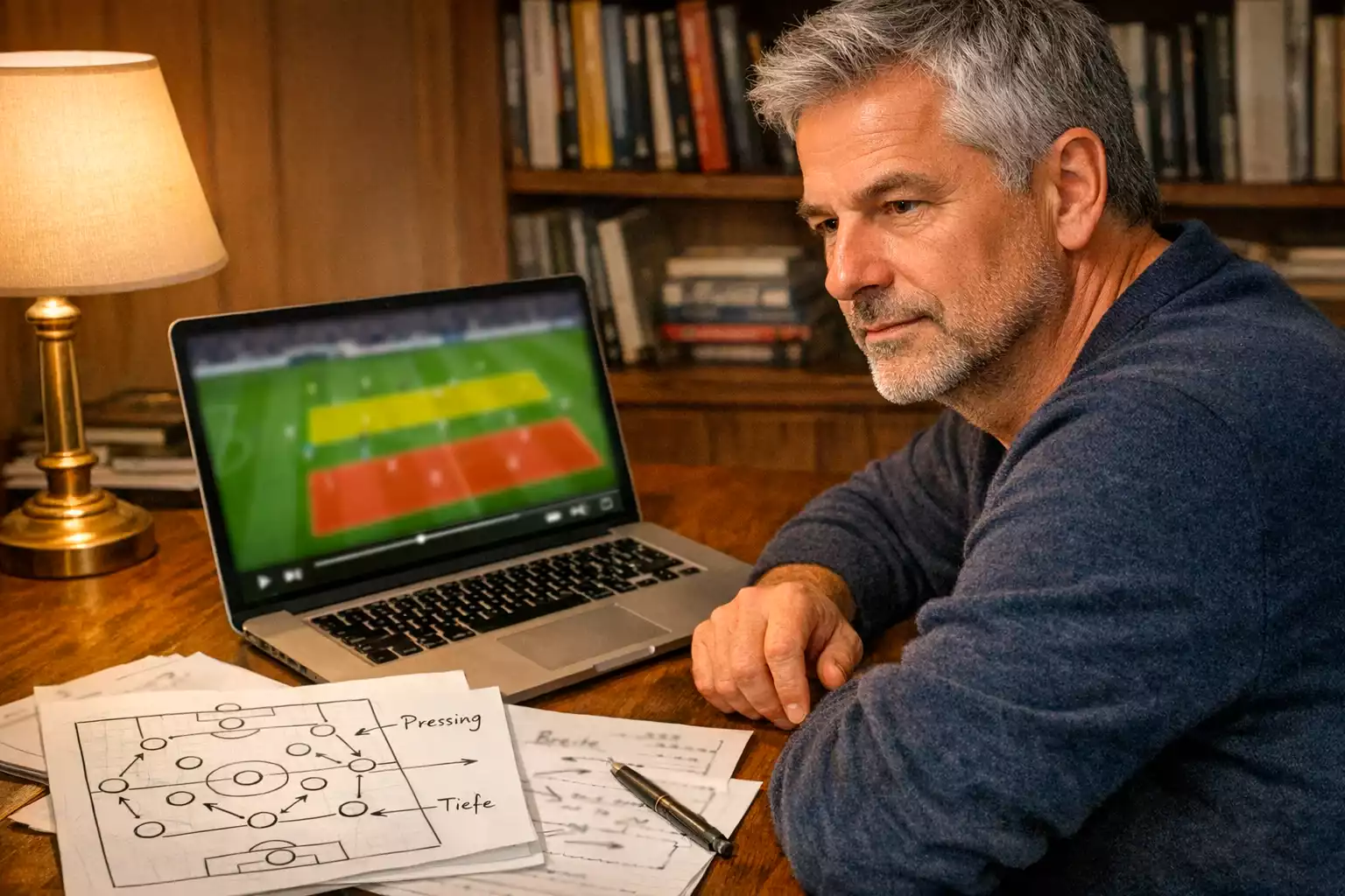 Erfahrener Fußballexperte analysiert Spielszenen am Laptop neben Notizen