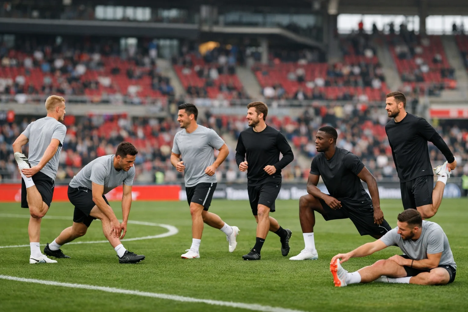 Fußballspieler beim Aufwärmen vor einem Bundesligaspiel auf dem Rasen