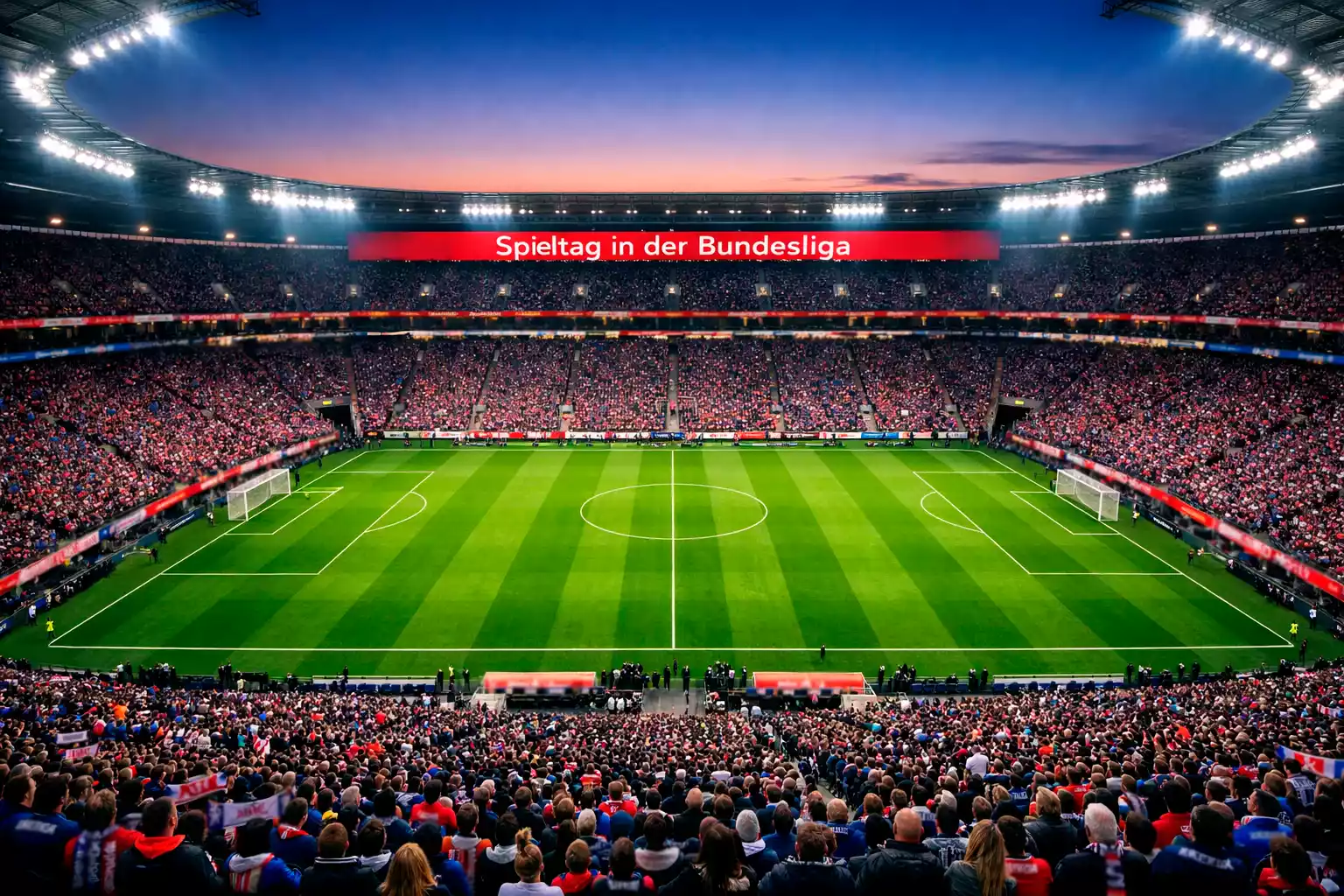 Blick auf ein gefülltes Bundesliga-Stadion bei Flutlicht vor dem Anpfiff