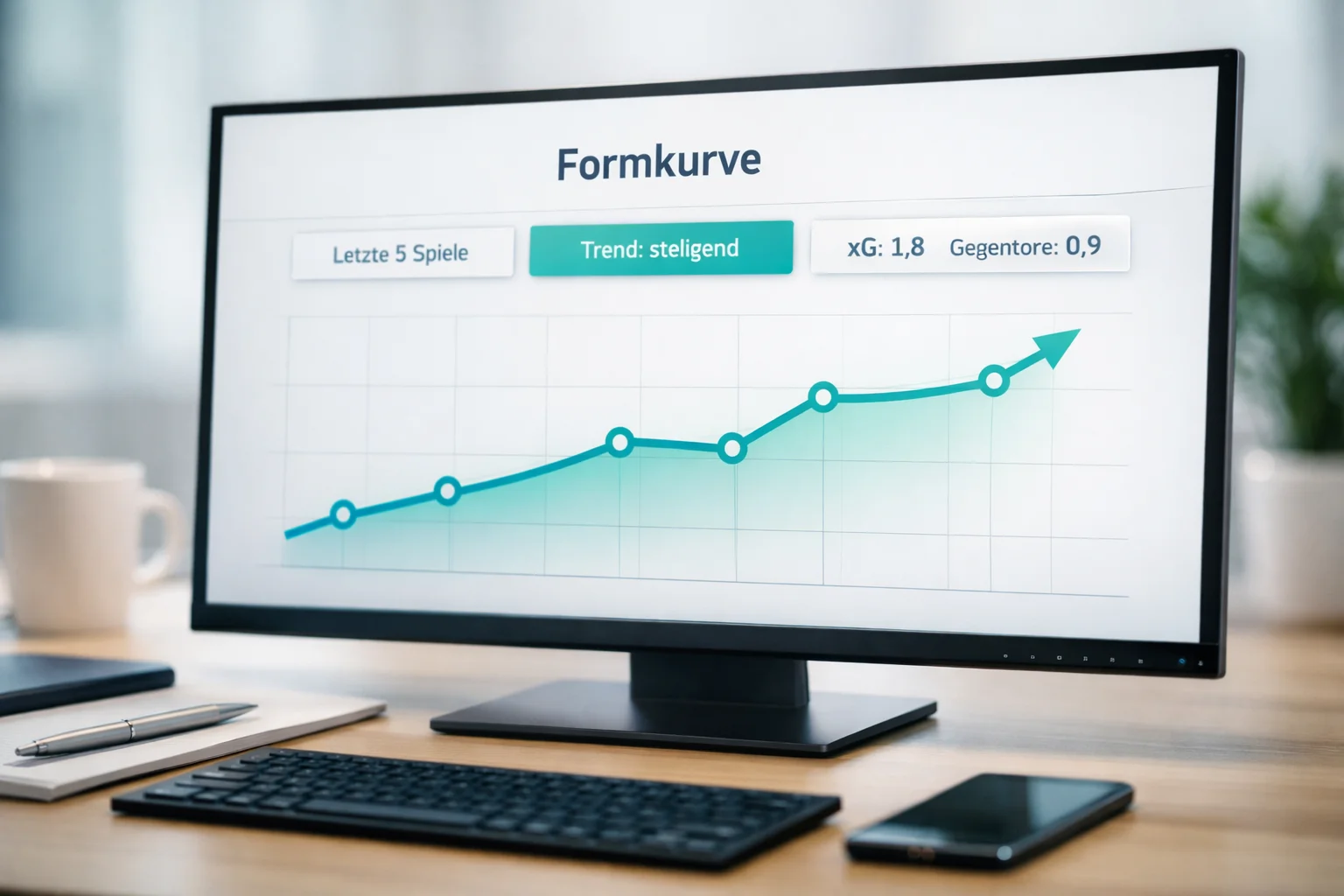 Bildschirm mit aufsteigender Leistungskurve und Fußballstatistiken