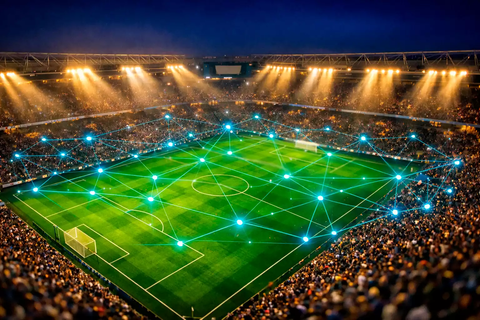 Fußballstadion bei Flutlicht mit digitalen Datenströmen, die über dem Spielfeld schweben