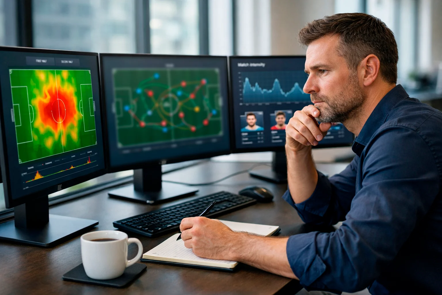 Analyst betrachtet Fußballdaten auf mehreren Bildschirmen in einem modernen Büro