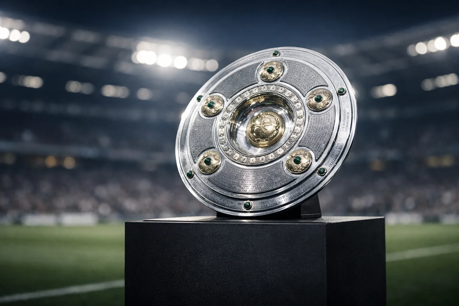 Die Bundesliga-Meisterschale auf einem Podest im Stadion