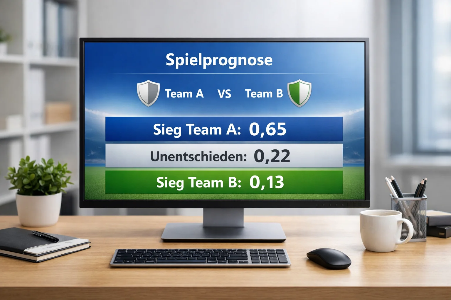 Bildschirm mit Prozentanzeigen und Wahrscheinlichkeitsbalken für Fußballprognosen