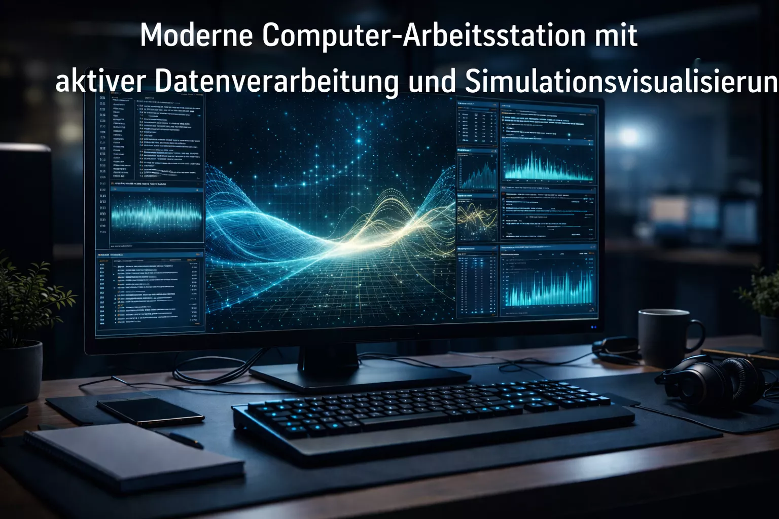 Computerbildschirm mit laufender Simulation und Datenverarbeitung