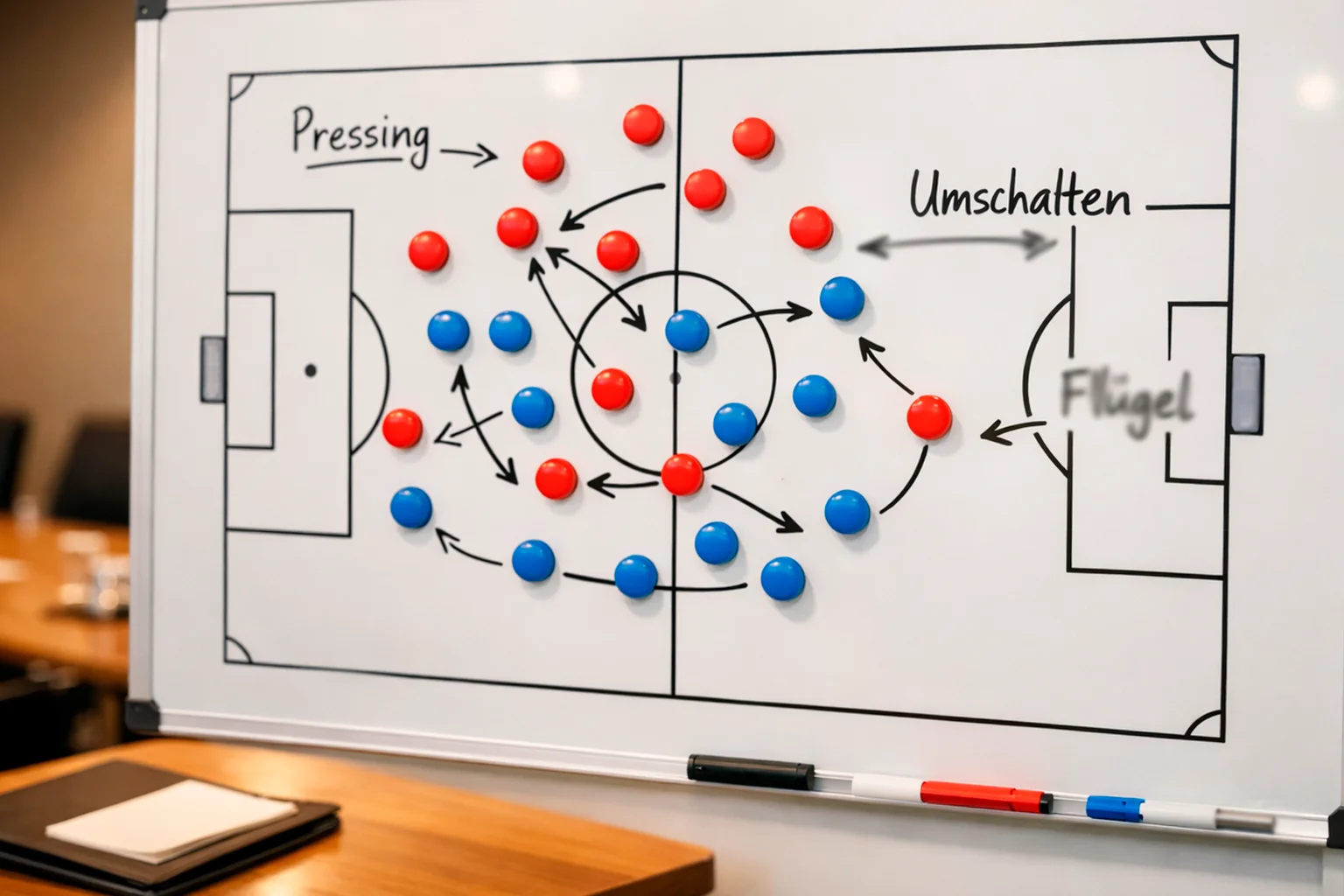 Taktiktafel mit Fußballstrategie und Spielfeldmarkierungen in einem Besprechungsraum