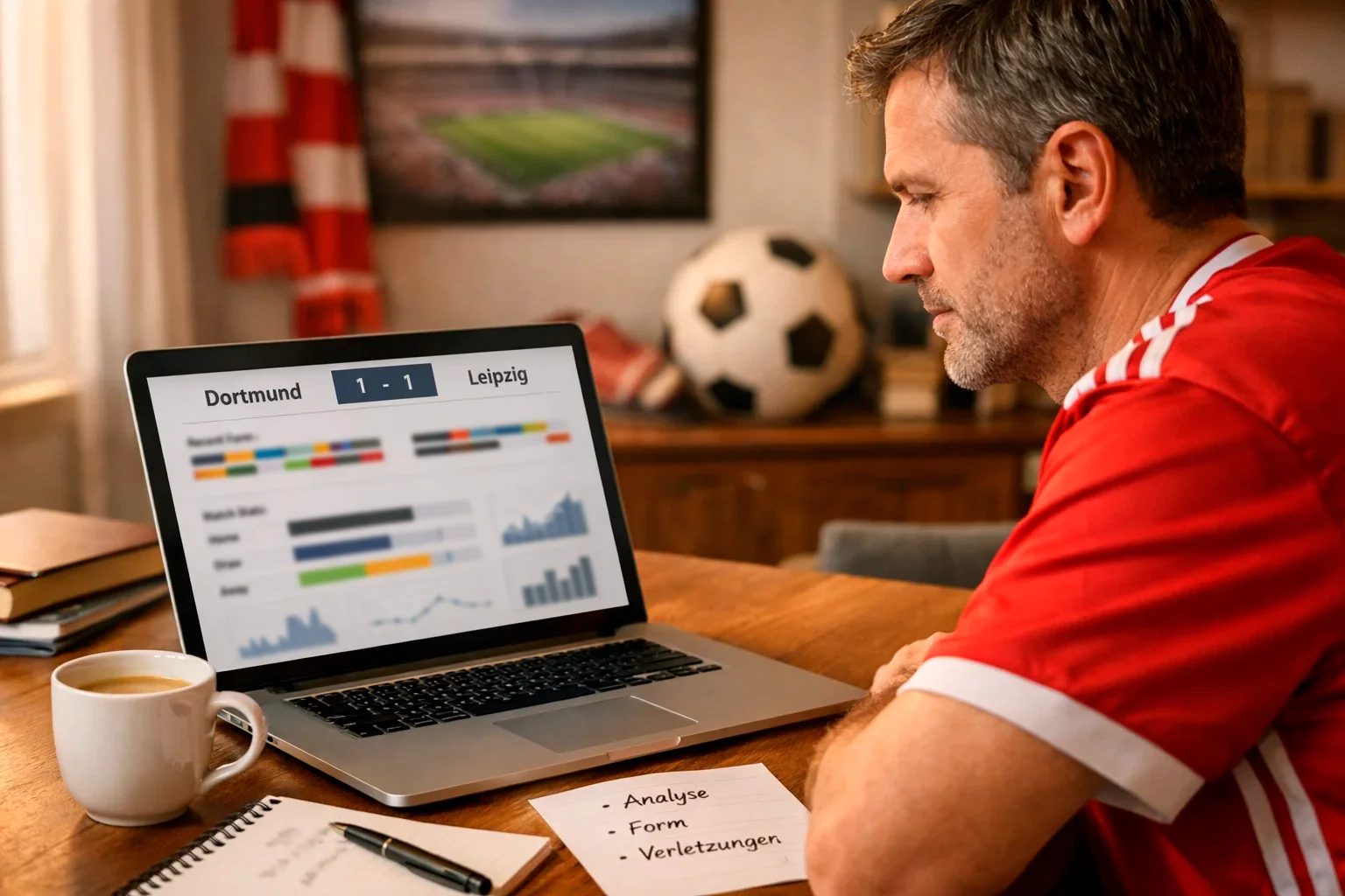Fußballfan analysiert kostenlose Bundesliga-Prognosen auf dem Laptop