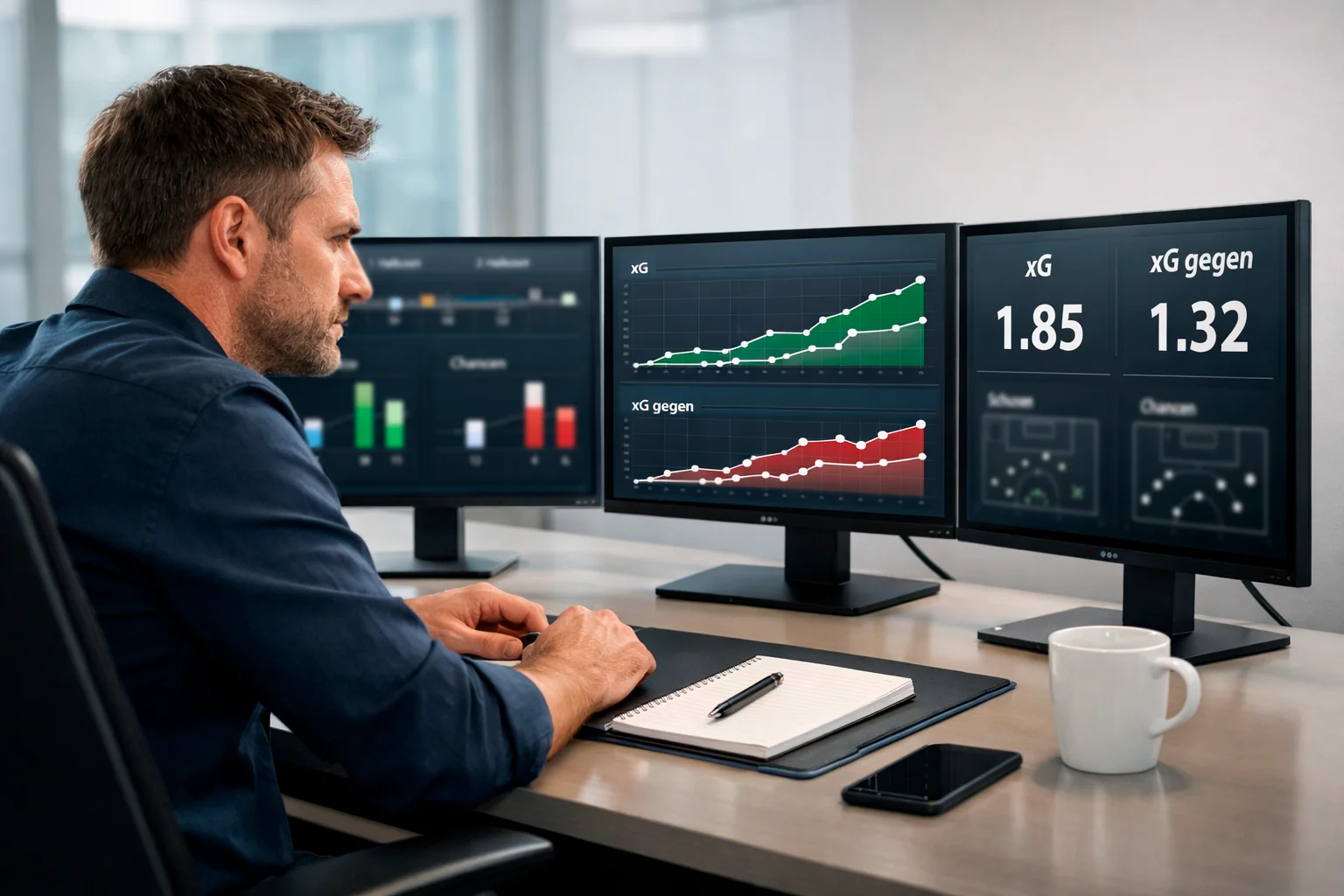 Analytiker arbeitet mit xG-Daten für Spielprognosen am Computer