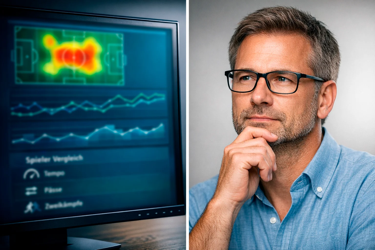 Geteiltes Bild zeigt links einen Computerbildschirm mit Datenvisualisierung und rechts einen nachdenklichen Fußballexperten