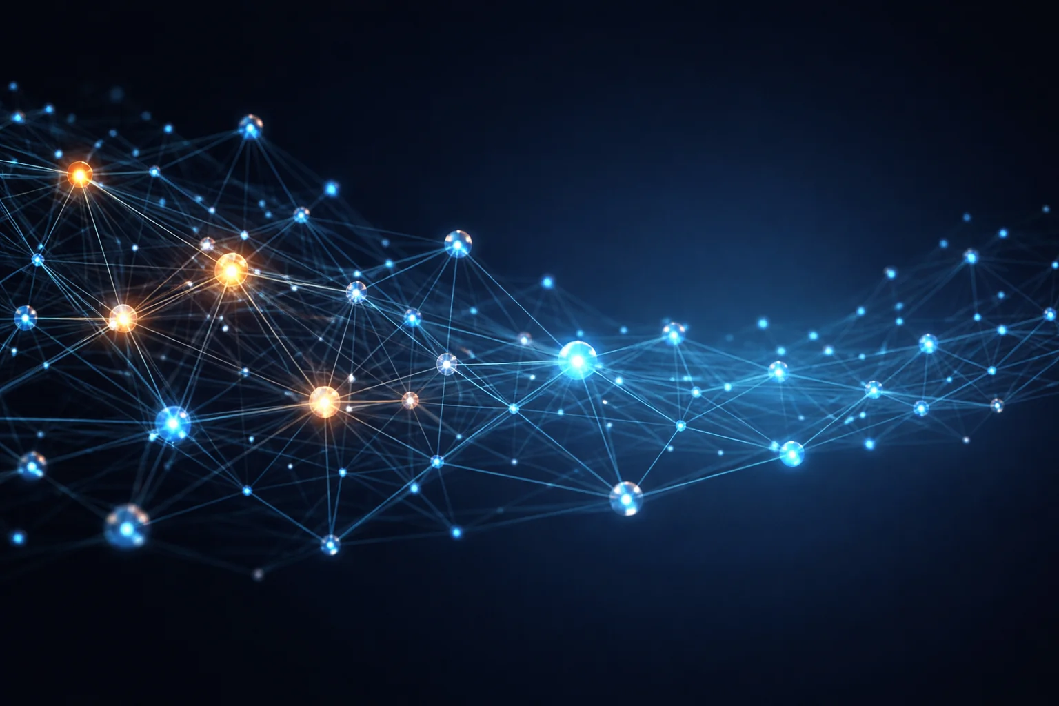 Abstrakte Darstellung eines neuronalen Netzwerks mit verbundenen Knotenpunkten und Datenströmen