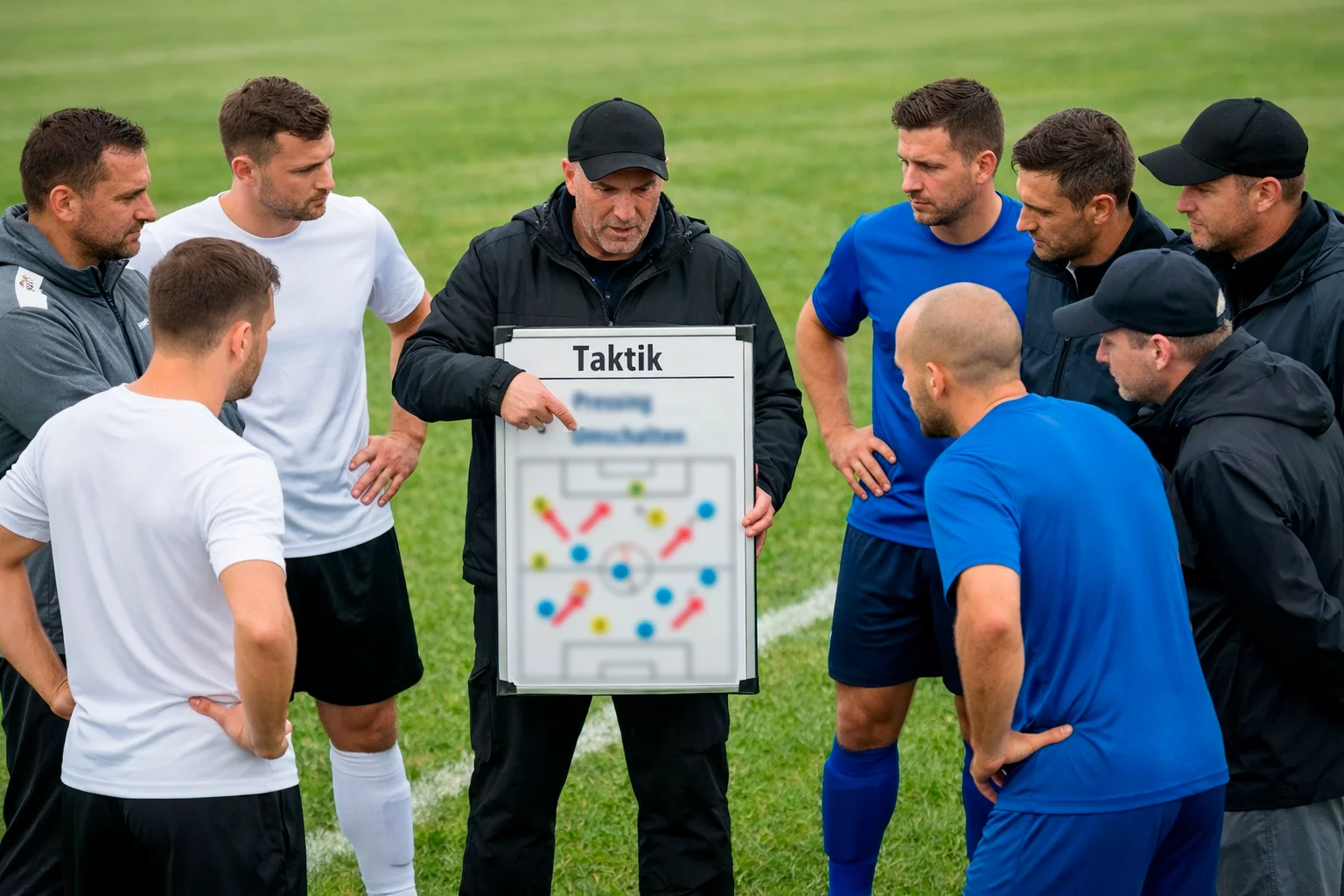 Fußballmannschaft bei einer taktischen Besprechung im Kreis