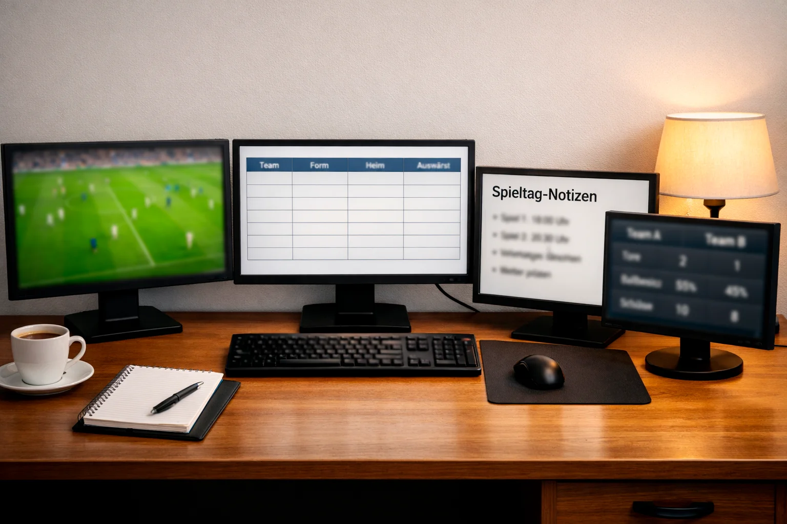 Arbeitsplatz mit mehreren Bildschirmen die verschiedene Fußballspiele zeigen