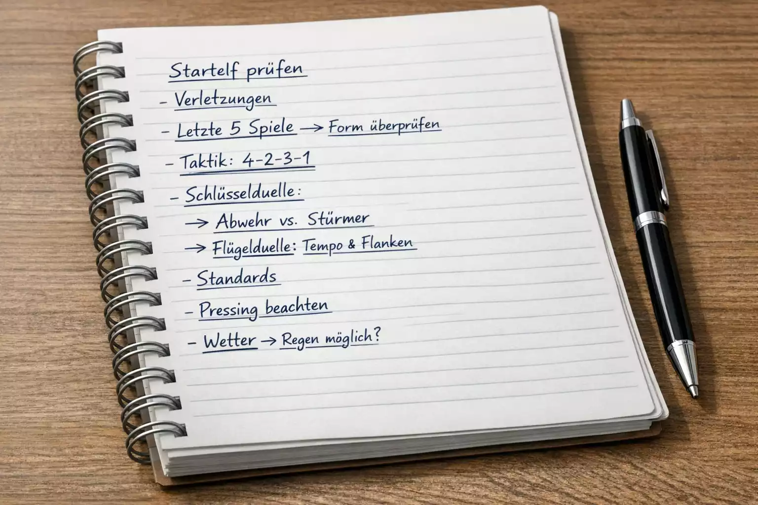 Handschriftliche Notizen zur Spielanalyse auf einem Notizbuch mit Stift