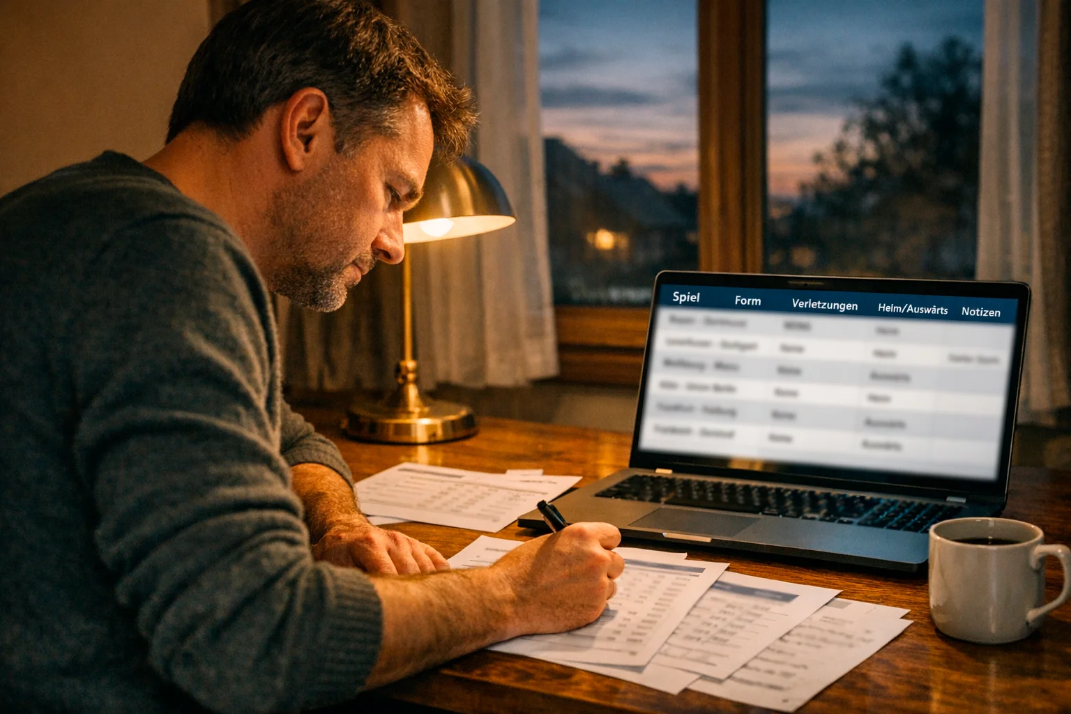Person analysiert Fußballstatistiken am Schreibtisch bei Abendlicht