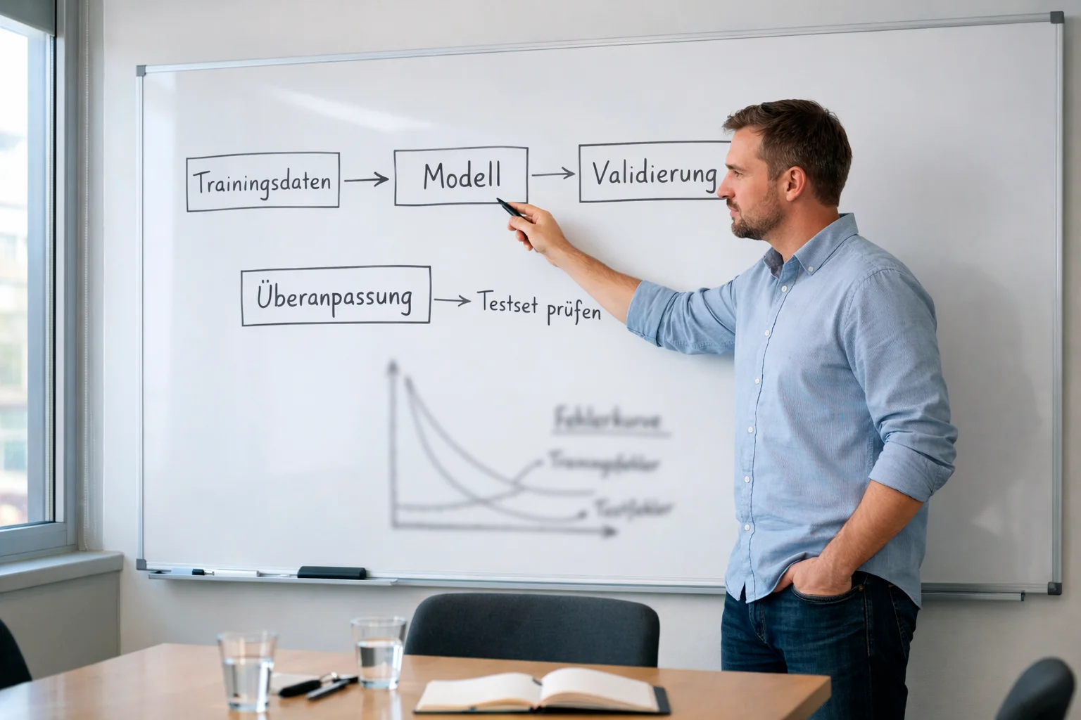 Person steht vor einem Whiteboard mit Diagrammen und Modellskizzen