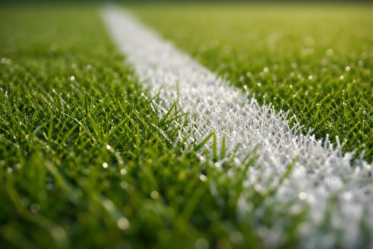 Nahaufnahme eines gepflegten Fußballrasens mit weißen Spielfeldlinien