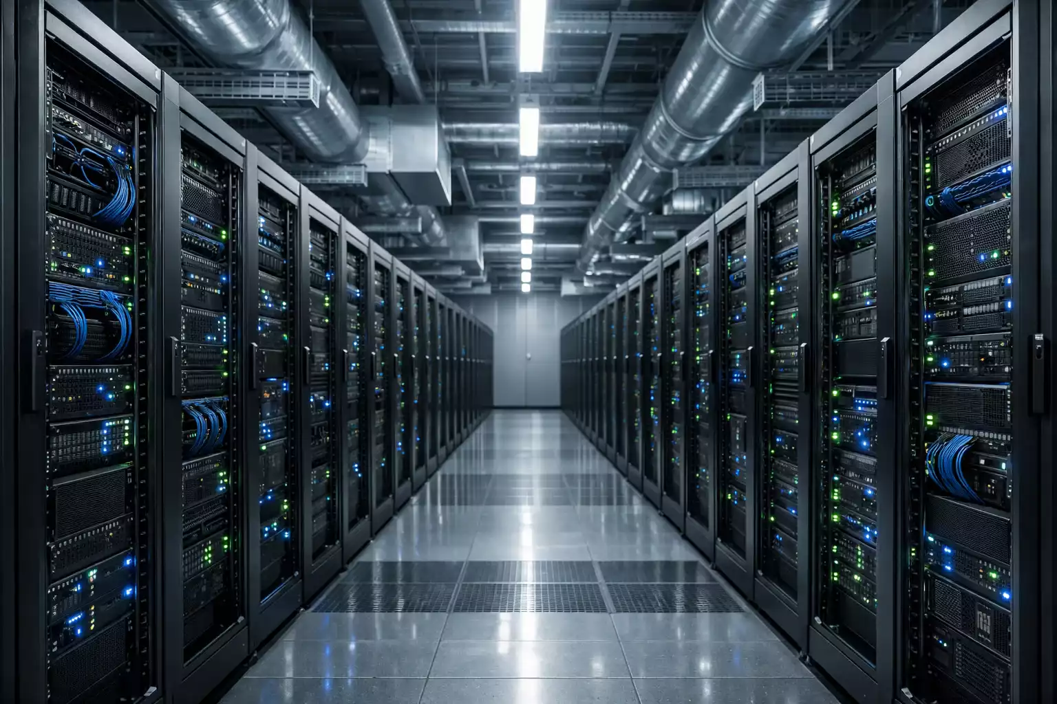 Moderne Serverracks mit blinkenden Lichtern in einem Rechenzentrum