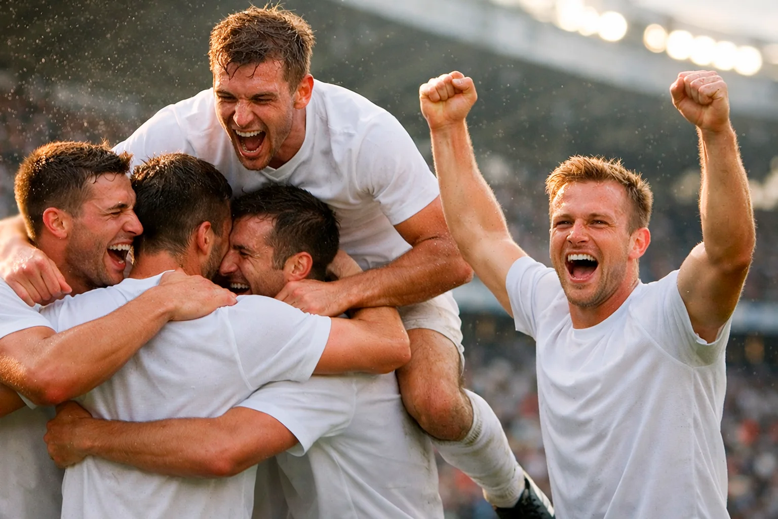 Fußballspieler jubeln gemeinsam nach einem wichtigen Sieg
