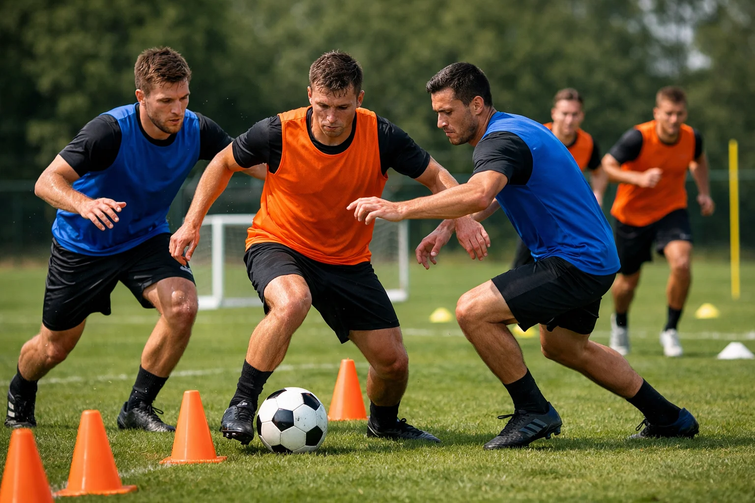 Fußballspieler beim intensiven Training auf dem Trainingsplatz