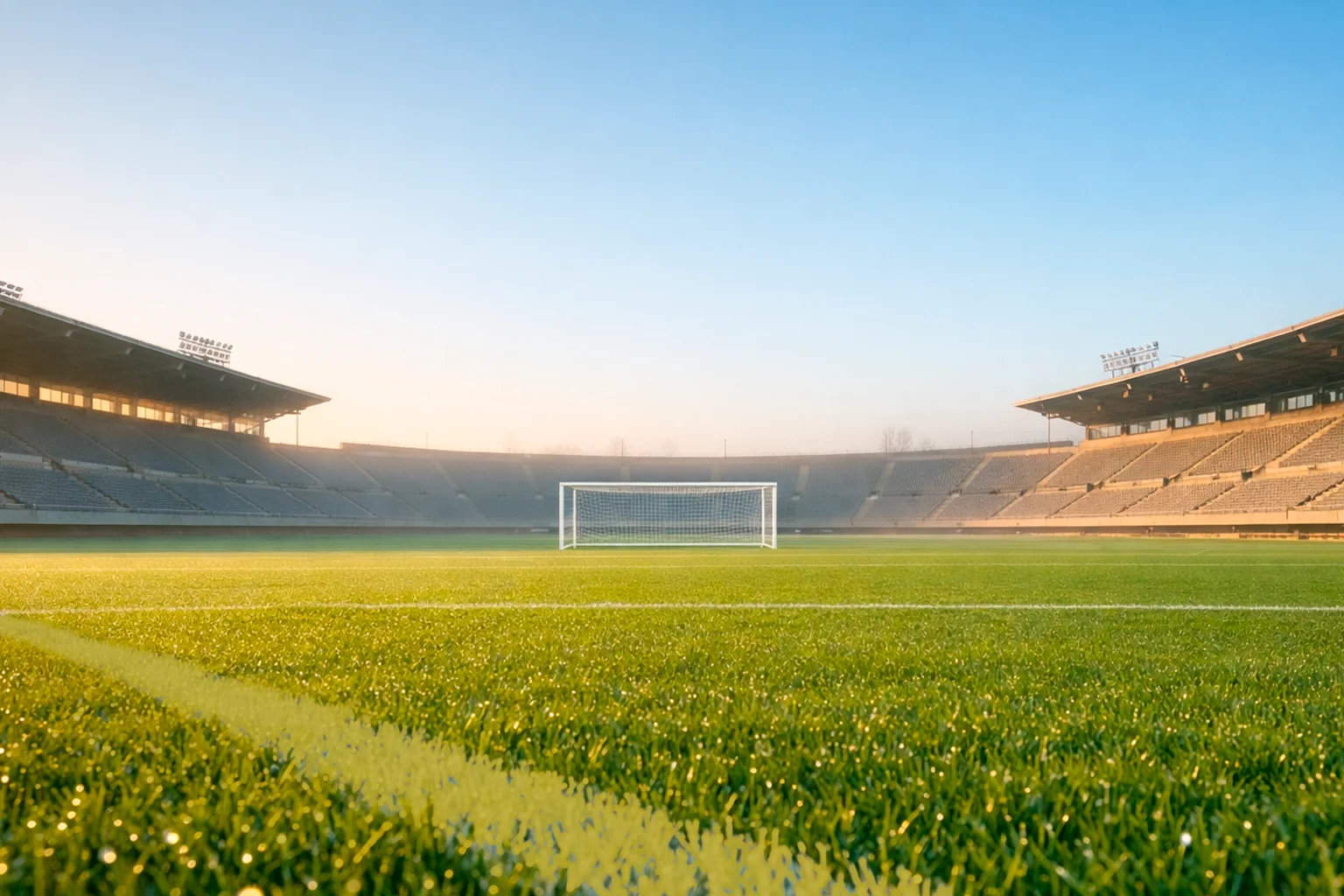 Leeres Fußballstadion im frühen Morgenlicht vor dem Spieltag