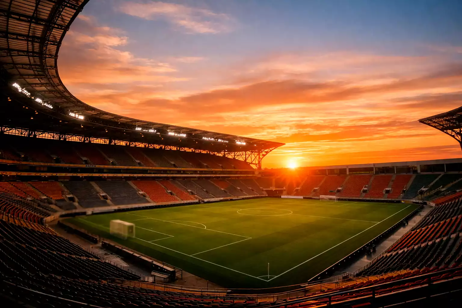 Bundesliga-Stadion im Sonnenuntergang am Ende eines Spieltags
