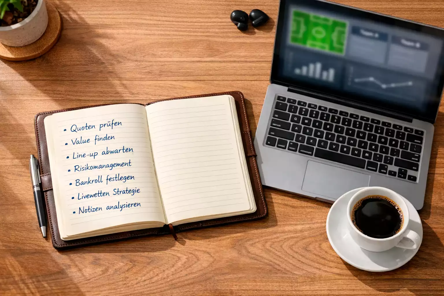 Notizbuch mit handgeschriebenen Strategienotizen neben einem Laptop mit Fußballstatistiken