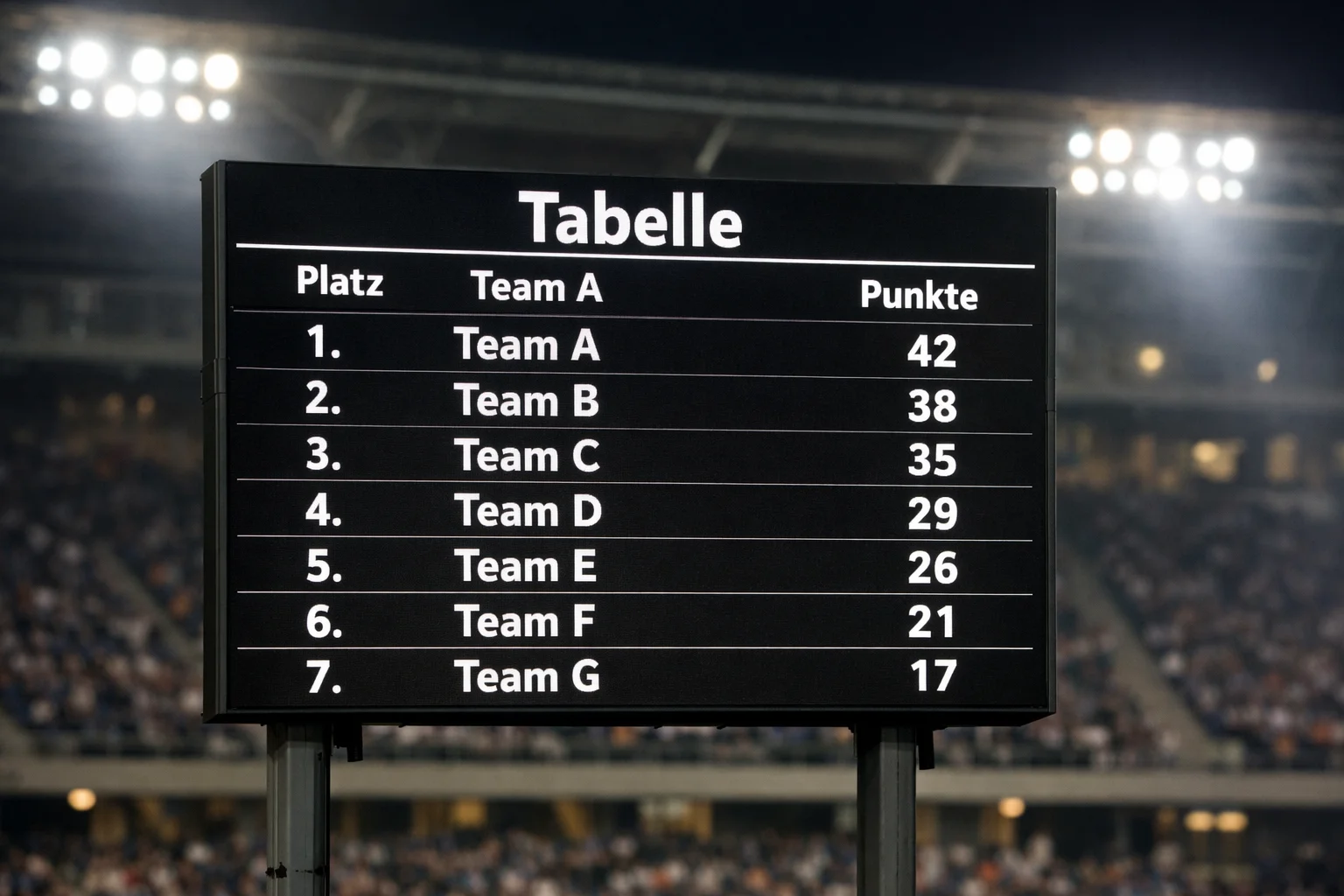 Anzeigetafel mit Bundesliga-Tabellenstand in einem Stadion