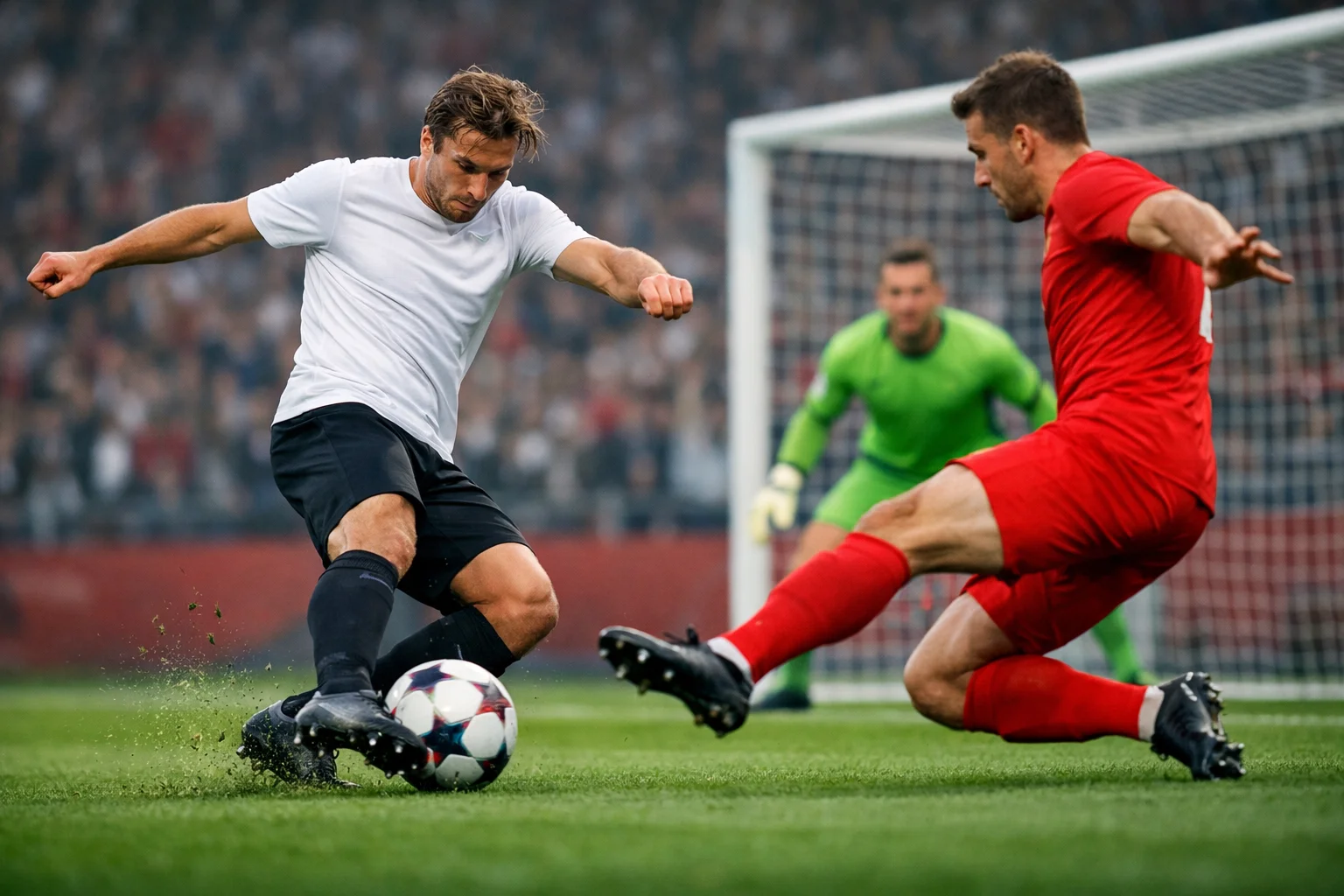 Fußballspieler schießt auf das Tor während eines Bundesligaspiels