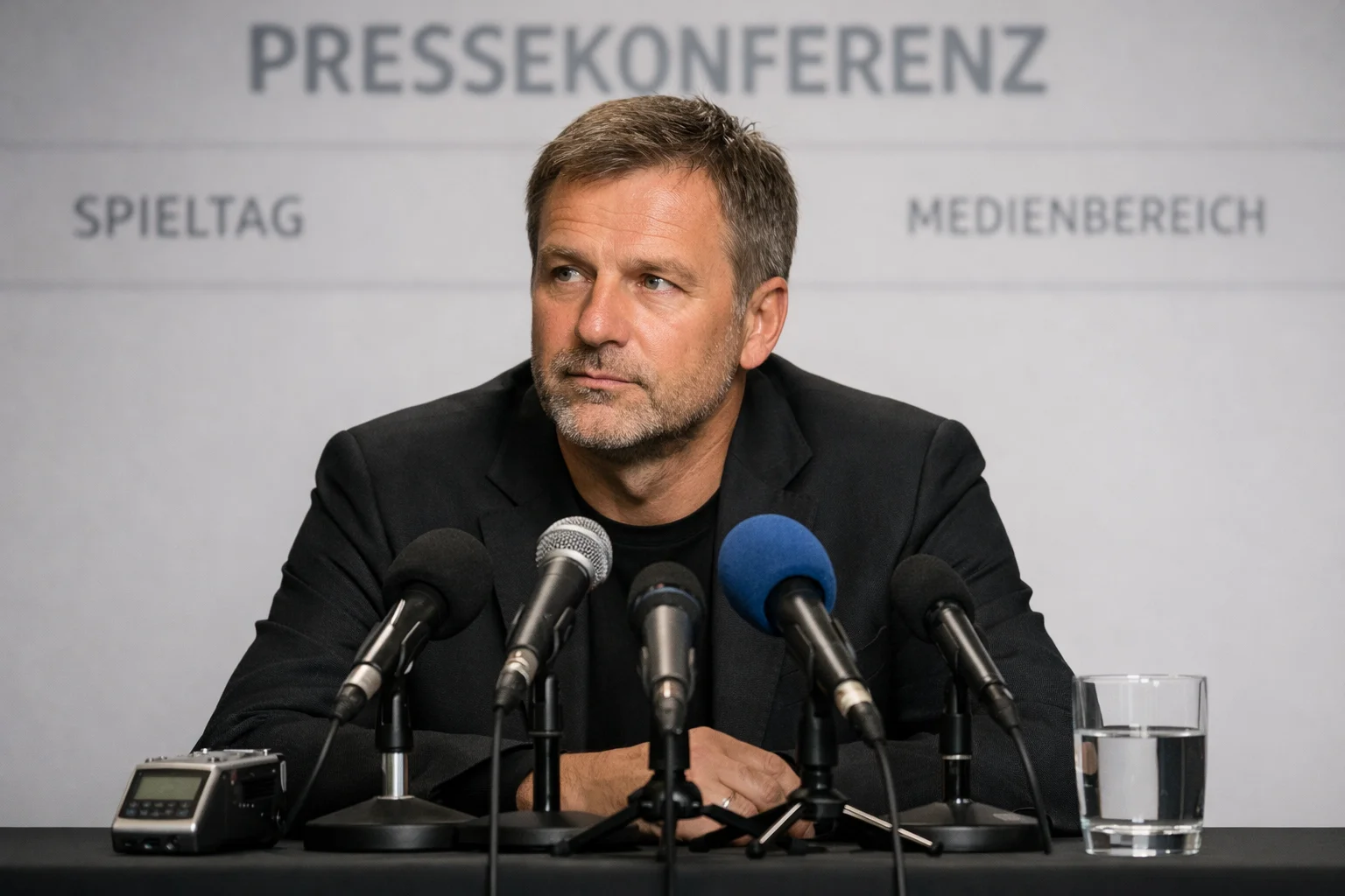 Fußballtrainer bei einer Pressekonferenz mit Mikrofonen am Tisch