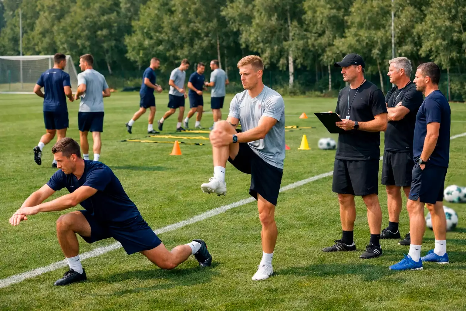 Fußballmannschaft beim Mannschaftstraining auf dem Trainingsplatz
