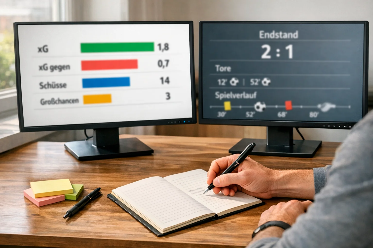 Fußballanalyst vergleicht xG-Daten mit Spielergebnissen auf dem Bildschirm