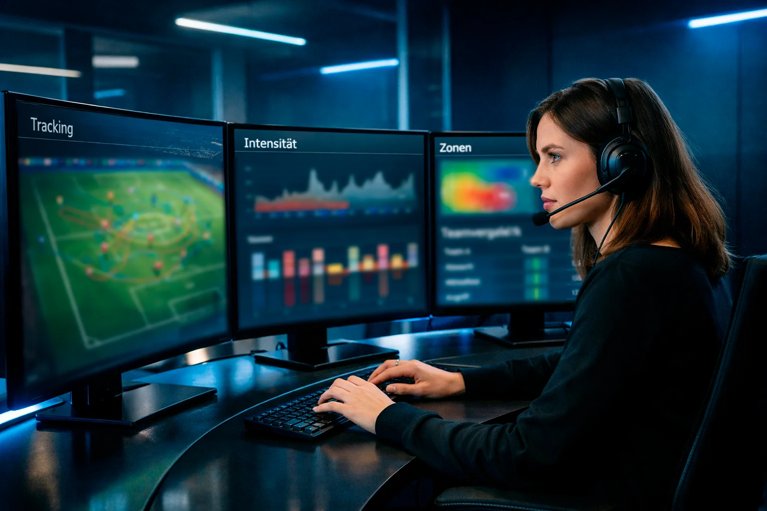 Moderne Analysezentrale mit Bildschirmen zeigt Fußballdaten während ein Analyst konzentriert arbeitet