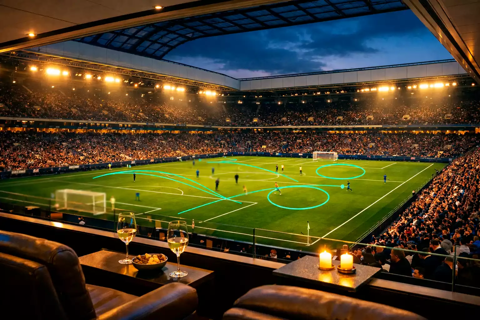 Modernes Fußballstadion mit holografischen Dateneinblendungen über dem Spielfeld